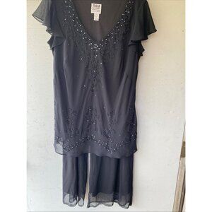 R&M Richards Womens 2-Piece Black Beaded Chiffon Dress & Pant Set Size top say 2